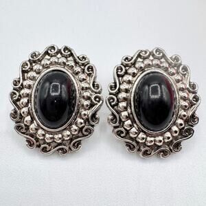Vintage Gloria Johnson Black Lucite Oval Cabochon Ornate Cameo Style Earrings